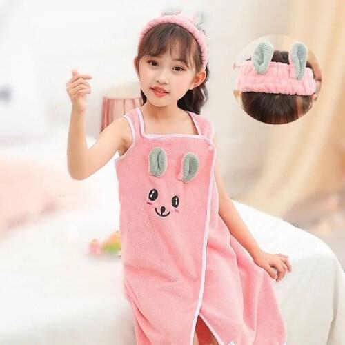 2pcs/set Cute Rabbit Bath Towel Chilrdren Sling Bath Skirt Quick-drying Cartoon Suit Bathrobe+Hairband Spa Towels for Kids Girls
