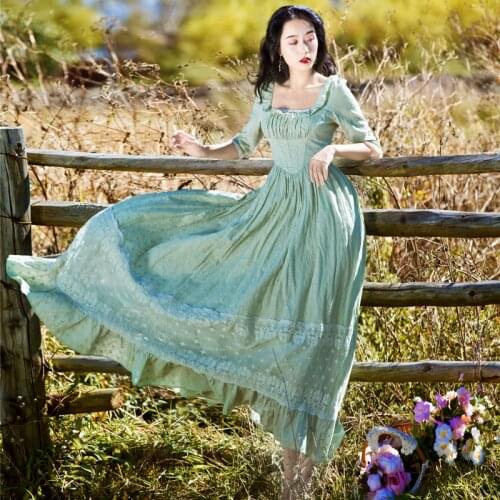 Free Shipping 2021 New Summer Princess Nightdress Long Pyjamas Green Womens Vintage Nightgowns Cotton and Lace Soft Dress