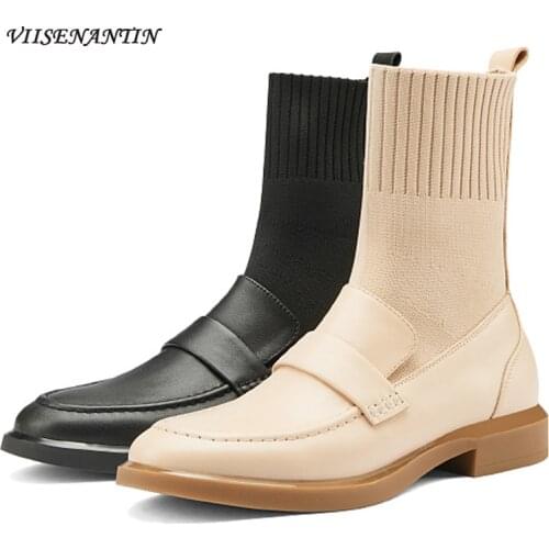 Socks Boots Womens Flat Ankle Boots 2021 New British Style Autumn and Winter Cowhide Round Knit Wool Stretch Boots Single Boots