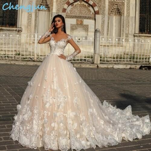 Chengjun 2020 Champagne Color Ladies Customise Princesse Applique Flowers Lace Wedding Dress Bridal Gown