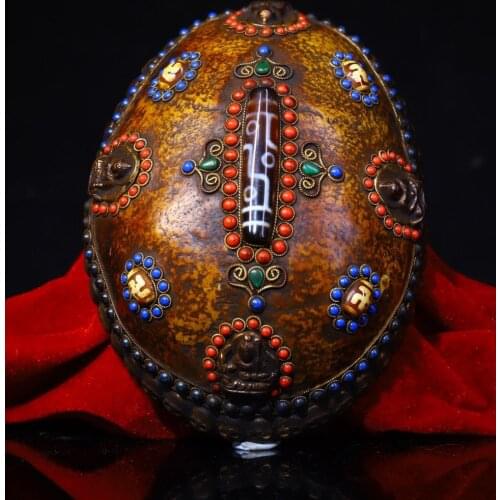 Home Decor 7" Tibet Buddhism Temple bronze Gem Dzi Bead Buddha statue Eight treasures Bowl Kapala Cup Gabala Bowl