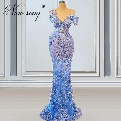 Blue Illusion Evening Dresses Couture Dubai 2021 Vestidos De Soiree Off the Shoulder Prom Dress Beading Crystal Party Night Gown