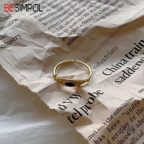 Besimpol Real 925 Sterling Silver Black Eye Rings Minimalist Female Golden Opening Rings for Women Fashion luxury Jewelry Gifts
