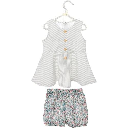 Kaiya Angel Boutique Girls Sleeveless Summer Clothing Set Striped Top + Floral Shorts Baby Casual Outfits 2021 Hot Sale 5pcs/lot