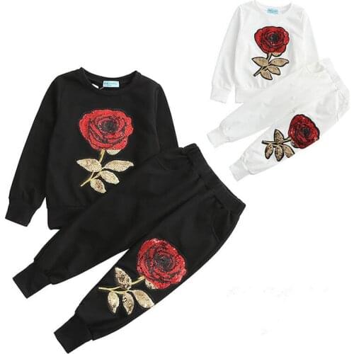Family Matching Outfits Mother Daughter Clothes Set Sequins Rose Flower Cotton Tracksuit Mommy and Me Sports Suit Tshirt + Pants