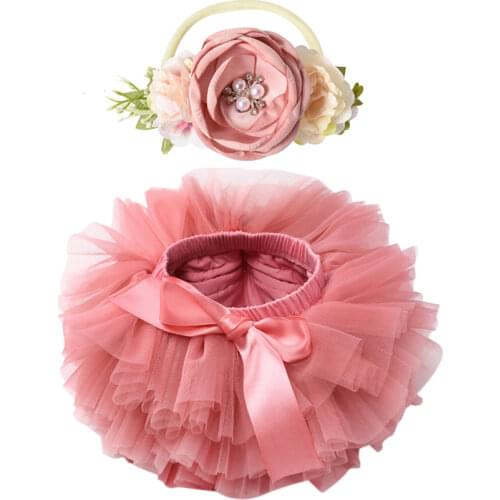 Baby girl tutu skirt 2pcs tulle lace bloomers diaper cover Newborn infant outfits Mauv headband flower set Baby mesh bloomer