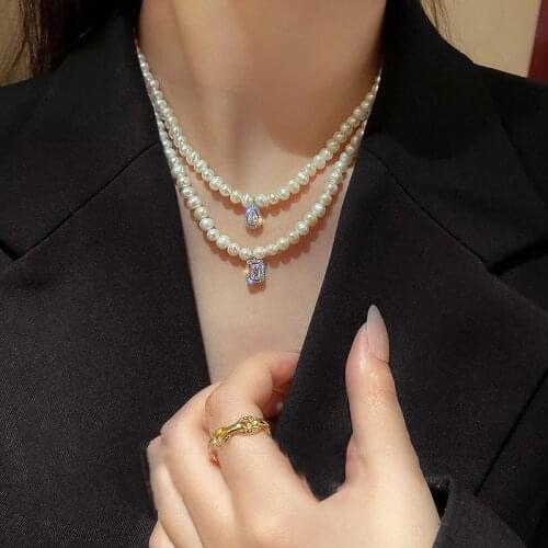 LOVOACC Trendy Bling Waterdrop Rectangle CZ Stone Chokers Necklaces for Women Simulated Pearl Beaded Chain Pendant Necklace 2020