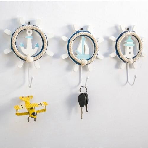 Mediterranean style Wooden Nautical Anchor Decor Crafts Wall Hanging Hook Life Buoy Fish Star Home Shop Decor