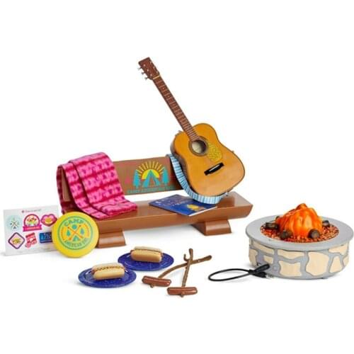 Campfire Set for American 18 inch Girl Doll Camping Accessories Guitar Marshmallow Hot Dog Plate Food Playset Doll Toys
