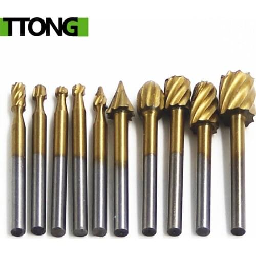 10pcs Set HSS Titanium Dremel Routing Rotary Milling Rotary File Cutter Wood Carving Carved Knife Cutter Tools Accessories