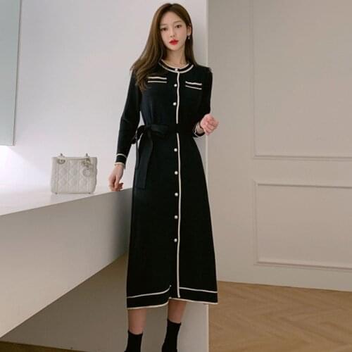 New Korean Ladies Sweater Dress 2021 Autumn/Winter Elegant Sweet Round Neck Single-Breasted Lace-Up Knitted Dress Midi Vestidos