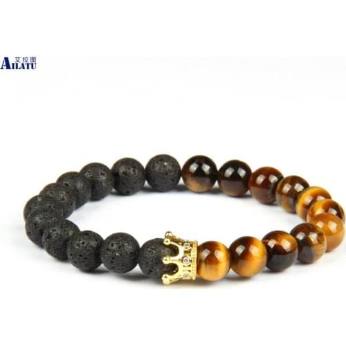 New Couples Clear Cz Crown Bracelets Natural Tiger Eye and Lava Rock Stone Beads Top Quality Drop Shipping Jewelry On Sale