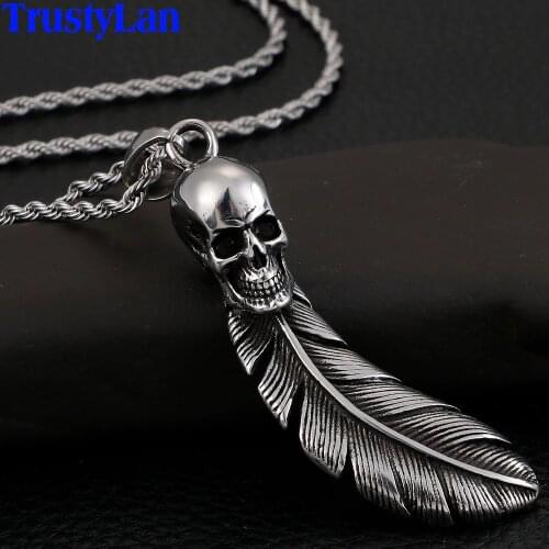Feather Skull Pendant Necklace For Men Punk Vintage 316L Stainless Steel Biker Jewelry Accessories Male Mens Pendants Necklaces