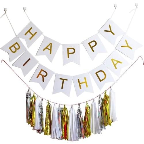 Pastel Pink Happy Birthday Bunting Banner Garland Wedding Birthday Party Decoration Tissue Paper Tassel Garland(Pink+White+Gold)