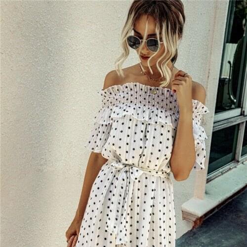 GOOHOJIO Summer Sweet Dot Print Ruffle Women Dress A-Line Slash neck Dress Off the Shoulder Sashes Ladies Dress Beach Sundresses