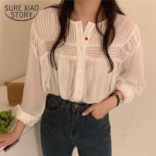Plus Size 2020 Autumn Puff Sleeve Casual Loose Womens Tops Women Solid O-neck White Shirts Cardigan Cotton Women Blouses 11014