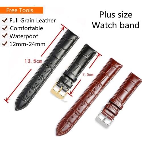 Plus Long Size Genuine Leather Watchbands 12/14/16/18/20/22/24 mm Watch Steel Pin buckle Band Strap for big Wrist Belt Bracelet