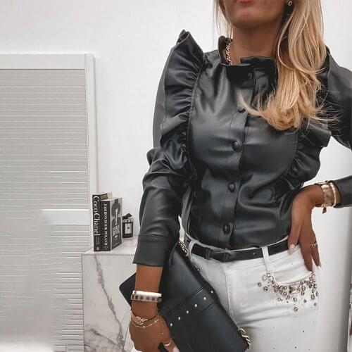 Women Casual Ruffles PU Leather Shirt Long Sleeve Crewneck Patchwork Tops 2021 Spring Autumn Fashion Streetwear Shirts Woman
