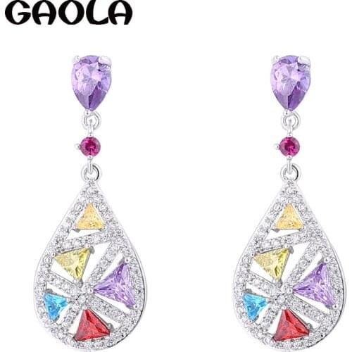 GAOLA 2017 Silver Color Tone Stud Earrings With CZ Border & Lab Created Stones Women Accessories GLE6500Y