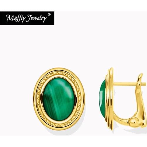 Green Oval Stone Golden Studs Earrings 925 Sterling Silver Europe Style Fashion Women Jewerly Vintage Bijoux Gift for Girlfriend