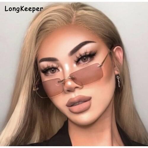 Luxury Brand Small Rectangle Sunglasses Women 2020 Grey Pink Shades For Women 90s Vintage Rimless Square Sunglasses Unisex UV400