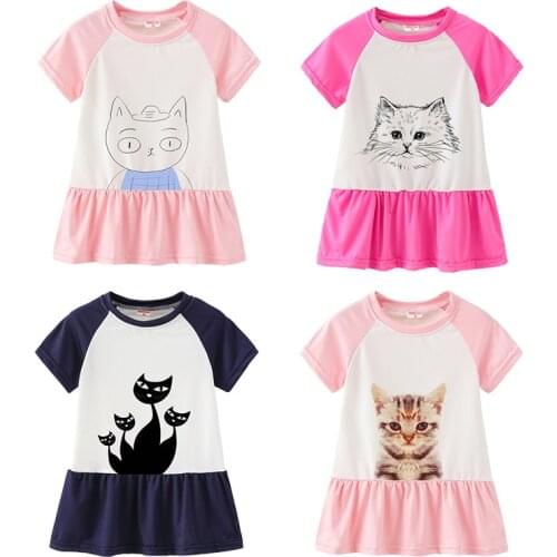 Baby Girls Sport Dress Summer Children Clothing Pleated Cat Print Dress Kids Short Sleeve Shirt Toddler Cute Party Dresses