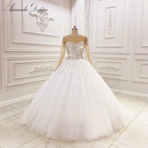 Robe mariage Sparkly Rhinestone Crystal Long Sleeve Floor-length Wedding Dress