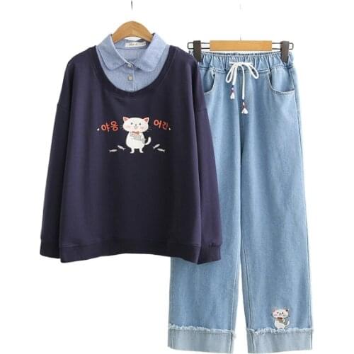 2021 Autumn Womens Sets Cartoon Cat Print Fake 2 Piece Hoodies Sweatshirt And Cartoon Embroidery Denim Pants Two Piece Set