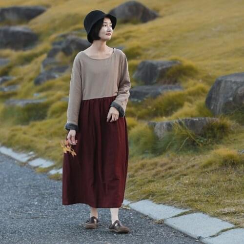 Women Cotton linen Patchwork Simple Fleece Dress Ladies Robe Dresses Female Retro Loose Warm Robe Dresses 2019 Winter