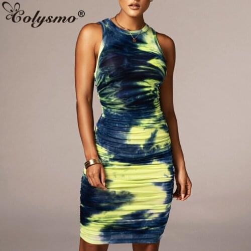 Colysmo Tie Dye Midi Dress Woman Sexy Ruched Crewneck Slim Fit Stretchable Summer Dress Ladies Fashion Casual Party Vestidos