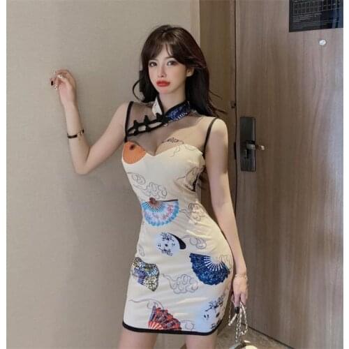 Women Tight Chinese Style Cheongsam Qipao Formal Dress Lady Nightclub Sexy Mesh Neck Party Split Dresses Coaplay Costumes
