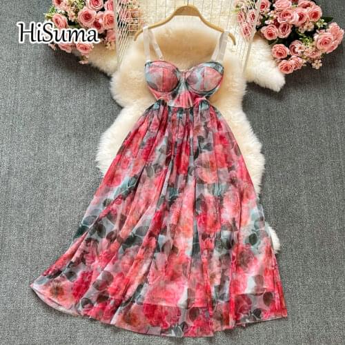 2021 summer new women strap flower print chiffon tube top A-line dress female Chic retro elegant waist party dresses