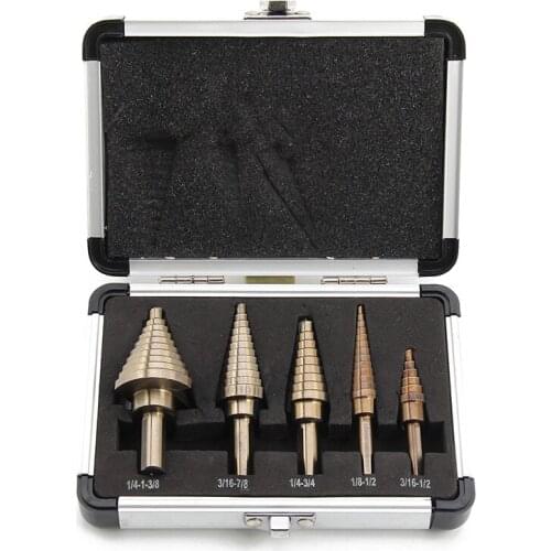 5 Pcs Large Titanium HSS Step Cone Drill Hole Cutter Bit Set Tool + Case