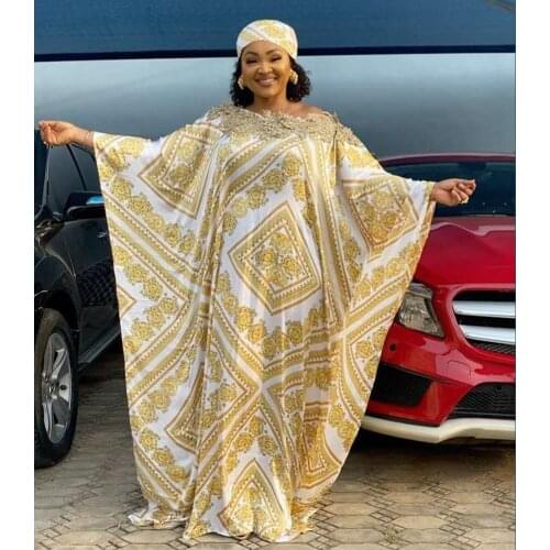 African Dresses for Women Plus Size Digital Printing Dashiki Diamond Beads Abaya Dubai Muslim Dress Robe With Headscarf
