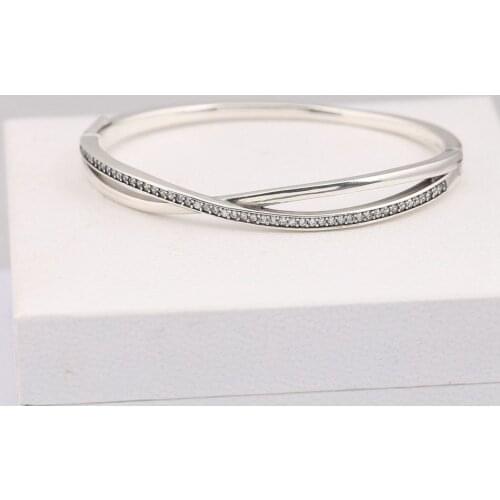 Authentic S925 Sterling Silver Entwined Clear CZ Bangle Bracelet For Women Wedding Gift fit Lady Fine Jewelry