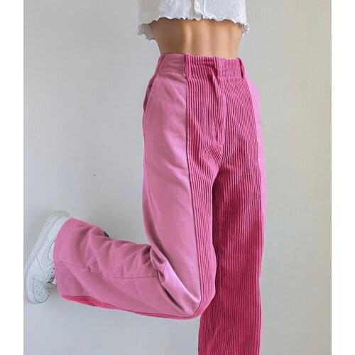 Autumn Spring Women Pants High Waist Corduroy Patchwork Leisure Pants Loose Straight Slacks Street Style Streetwear Cargo Pants