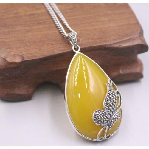 Pure 925 Sterling Silver Pendant 35x18mm Yellow Chalcedony Butterfly Panttern Charms For Woman