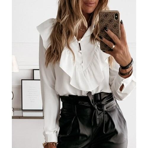 Elegant Women Spring Autumn Shirts Single-breasted Design Ruffles Decor V-Neck Long Sleeve Dot Print Slim Cardigan Top