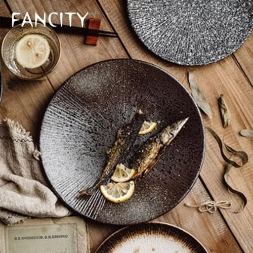 FANCITY Japanese Ceramic Western Food Plate Pasta Plate Steak Plate Fruit Plate Round Dish Plate Creative Black Frosted Tablewar