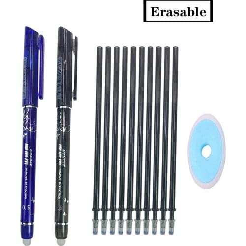 2+10Pcs/Set Gel Pen 0.5mm Erasable Washable Handle Erasable Pen Refill Rod Blue Black Ink School Stationery Office Writing Tool