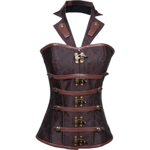 Gothic Steampunk Clothing Brown Brocade Halter Neck Overbust Espartilhos Corset Corselet Steel Boned Sexy Corsets And Bustiers