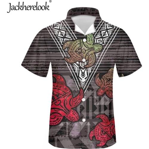 Jackherelook Vintage Polynesian Tribal Turtle Print Summer Beach Hawaiian Shirts for Men Tops Casual Shortsleeve Chemise Homme