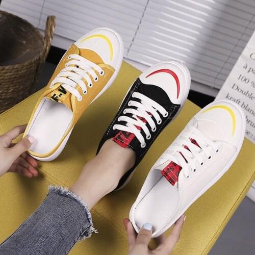 Summer new womens canvas shoes casual lace up lazy one foot half slippers shoes for women designer shoes women sneakers