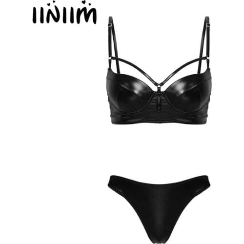 Womens Latex homme Leather Lingerie Set Exotic Night Pole Club Costumes Push up Padded Underwired Bra Top with High Cut Thong