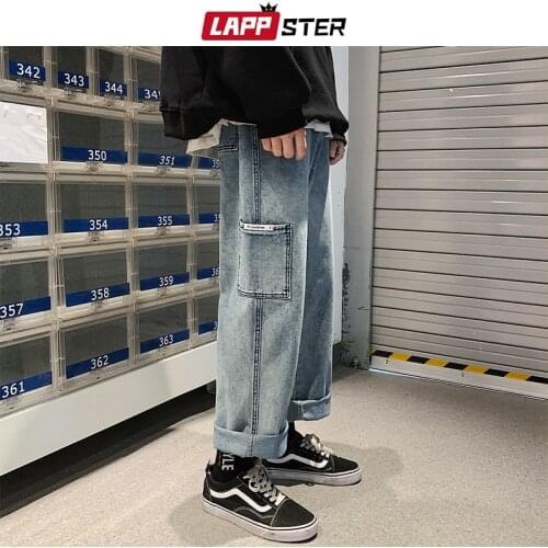LAPPSTER Men Baggy Korean Blue Jeans Harem Pants 2020 Big Pocket Denim Straight Pants Mens Japanese Streetwear Hip Hop Trousers