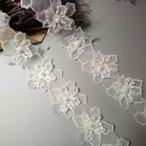 10x White 3D Pearl Flower Handmade Beaded Embroidered Fabric Lace Trim Ribbon Double Layers Applique Dress DIY Sewing Craft
