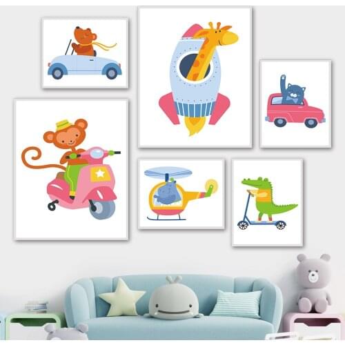 Cartoon Bear Giraffe Car Plane Rocket Animal Wall Art Canvas Painting Nordic Posters And Prints Wall Pictures Kids Room Decor