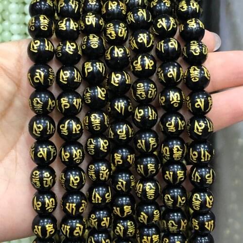 Wholesale Six Word Mantra Prayer Beads Natural Black Stone Round Loose Spacer Beads For Jewelry Making Diy Bracelet Necklace 15"