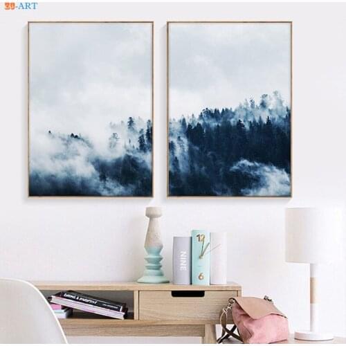 Mountain Prints Landscape Nature Poster Indigo Fog Forest Wall Art Minimalist Canvas Painting Modern Office Living Room Decor