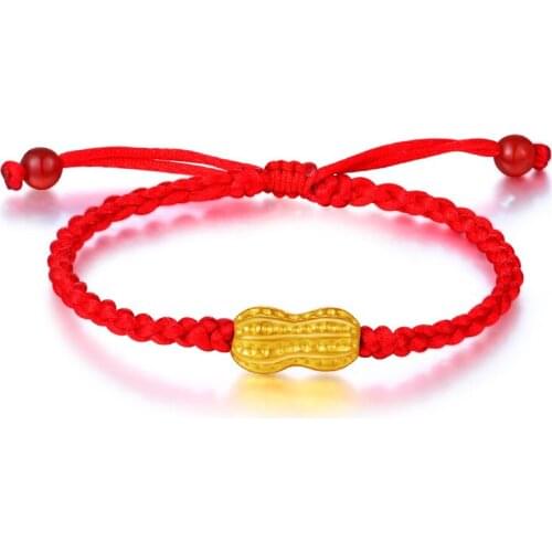 New Arrival Pure 24K Yellow Gold Peanut Red String Weave Bracelet